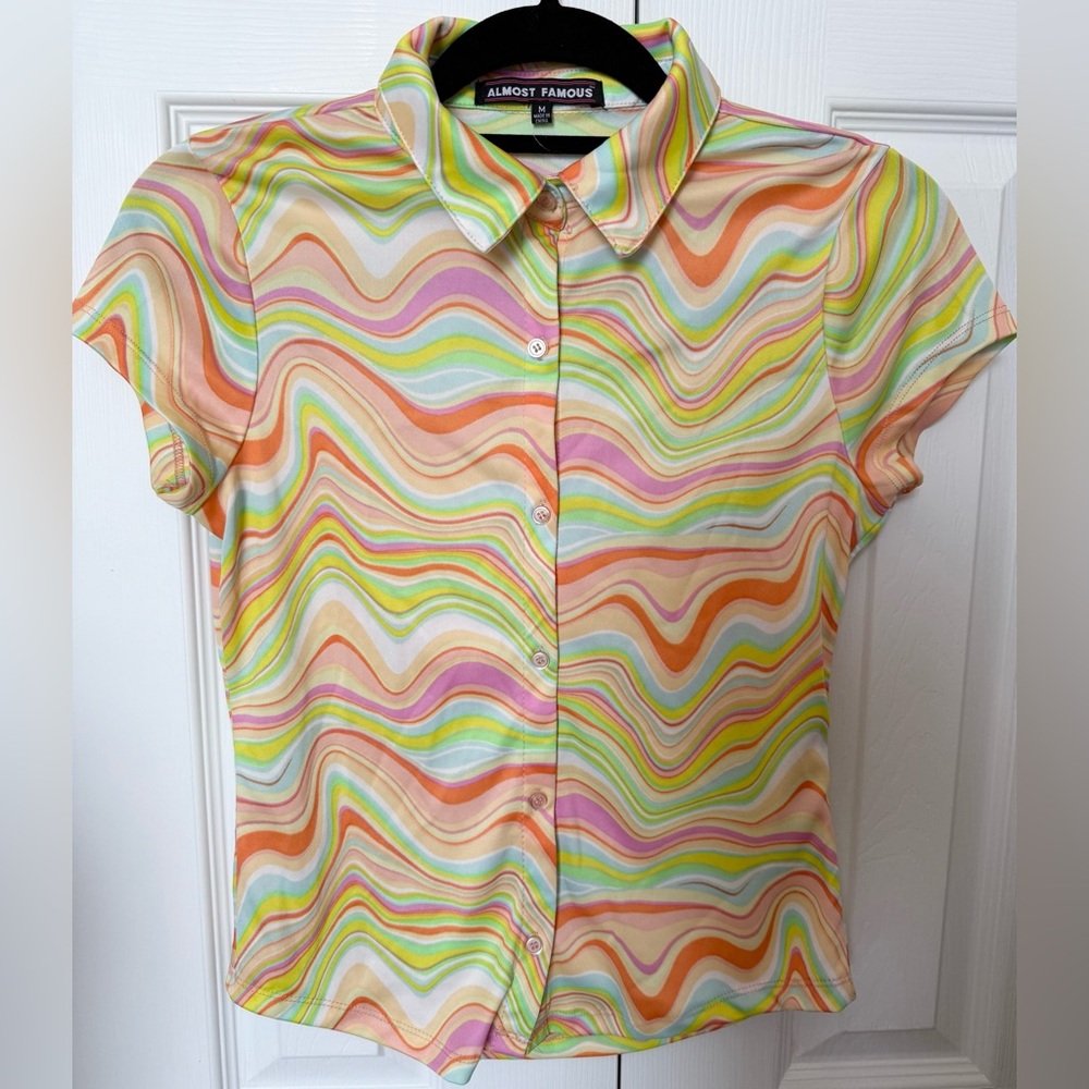 Almost Famous Y2K Neon Top Shirt Multicolor Wave Pattern Women's Whimsical M